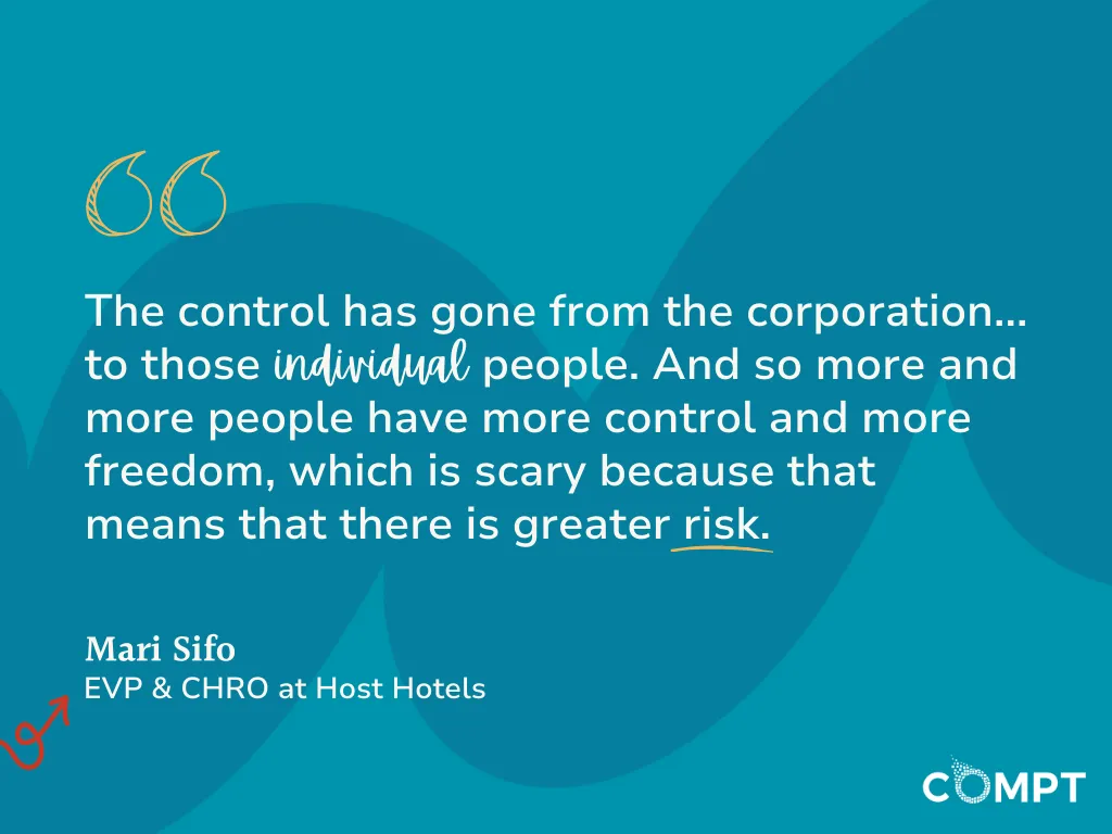“The control has gone from the corporation… to those individual people. And so more and more people have more control and more freedom, which is scary because that means that there is greater risk,” she says.  quote from mari sifo