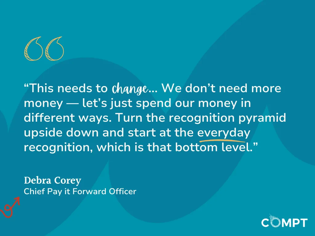 This needs to change,” Corey emphasizes. “We don’t need more money — let’s just spend our money in different ways. Turn the recognition pyramid upside down and start at the everyday recognition, which is that bottom level.