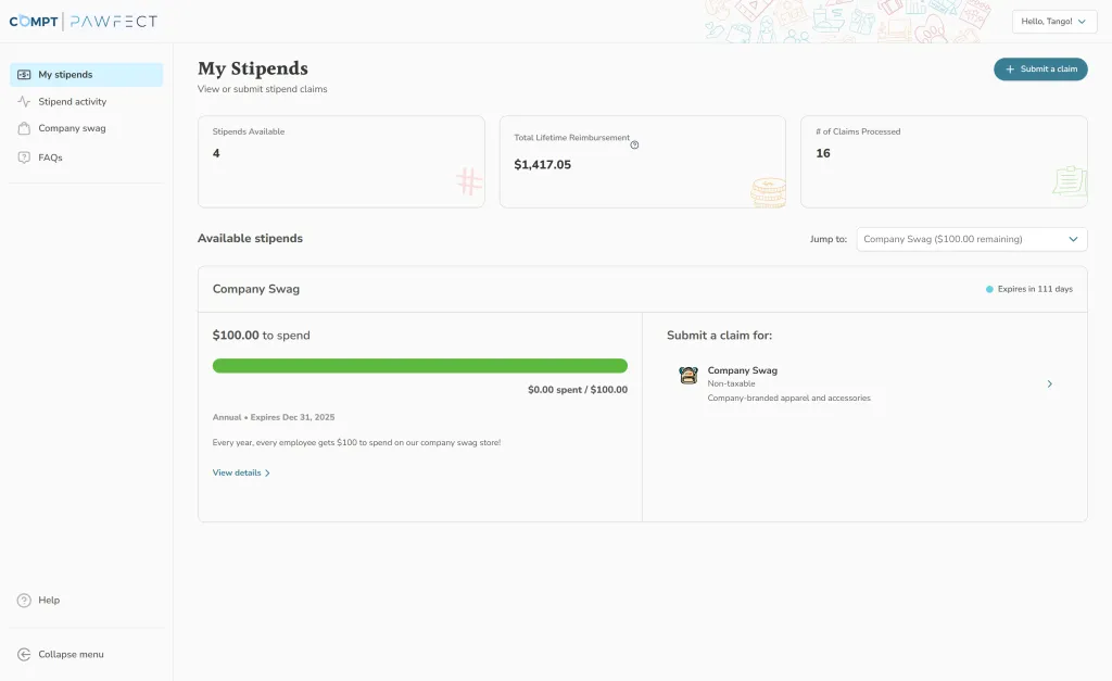 Screenshot of the Company Swag Stipend within the Compt platform. Employee view.