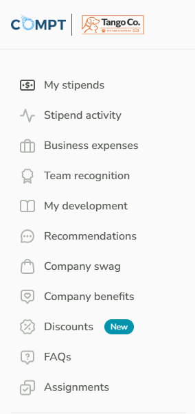 Compt navigation showing business expenses alongside stipends, recognition, and benefits