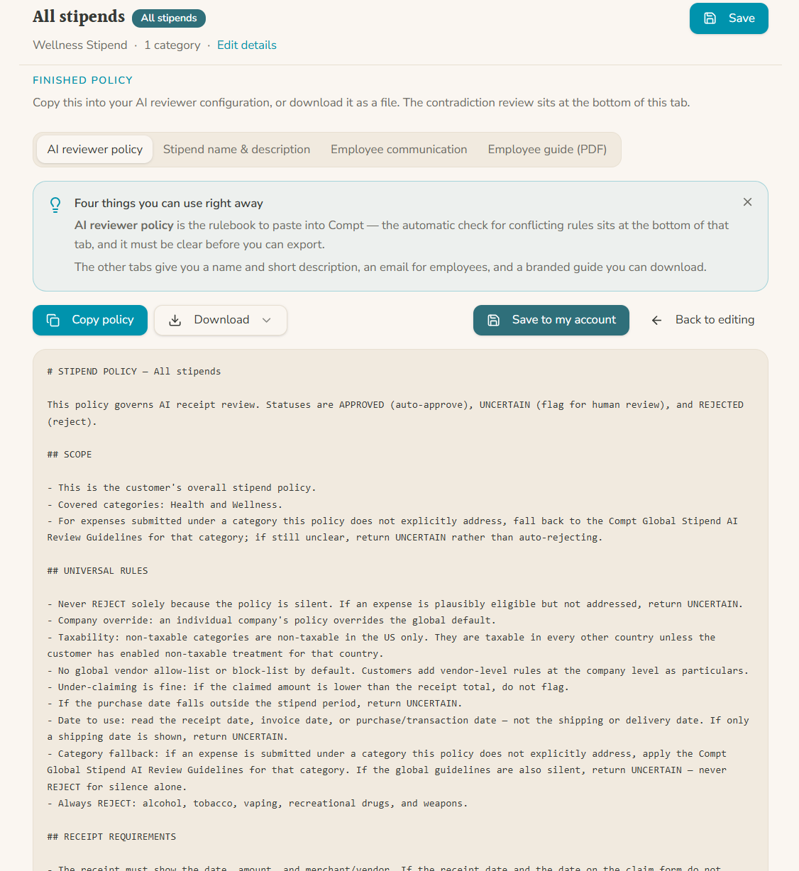Finished Policy Stipend Policy Builder Compt